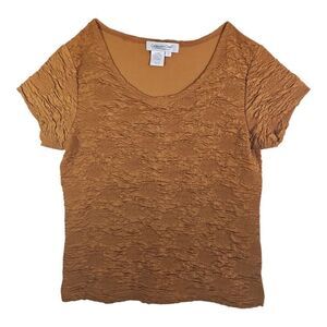 Coldwater Creek Gold Crinkle Textured Short Sleeve Stretch Top Size 2